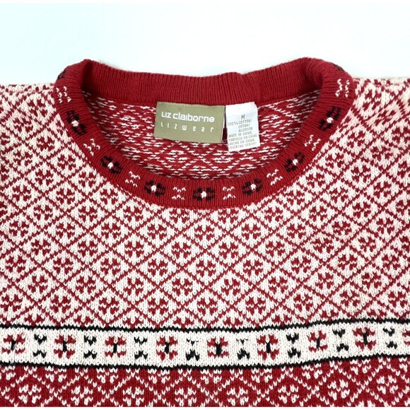 Liz Claiborne Red & White Crewneck Sweater Fair Isle Cotton Holiday Sz Med - Picture 5 of 12